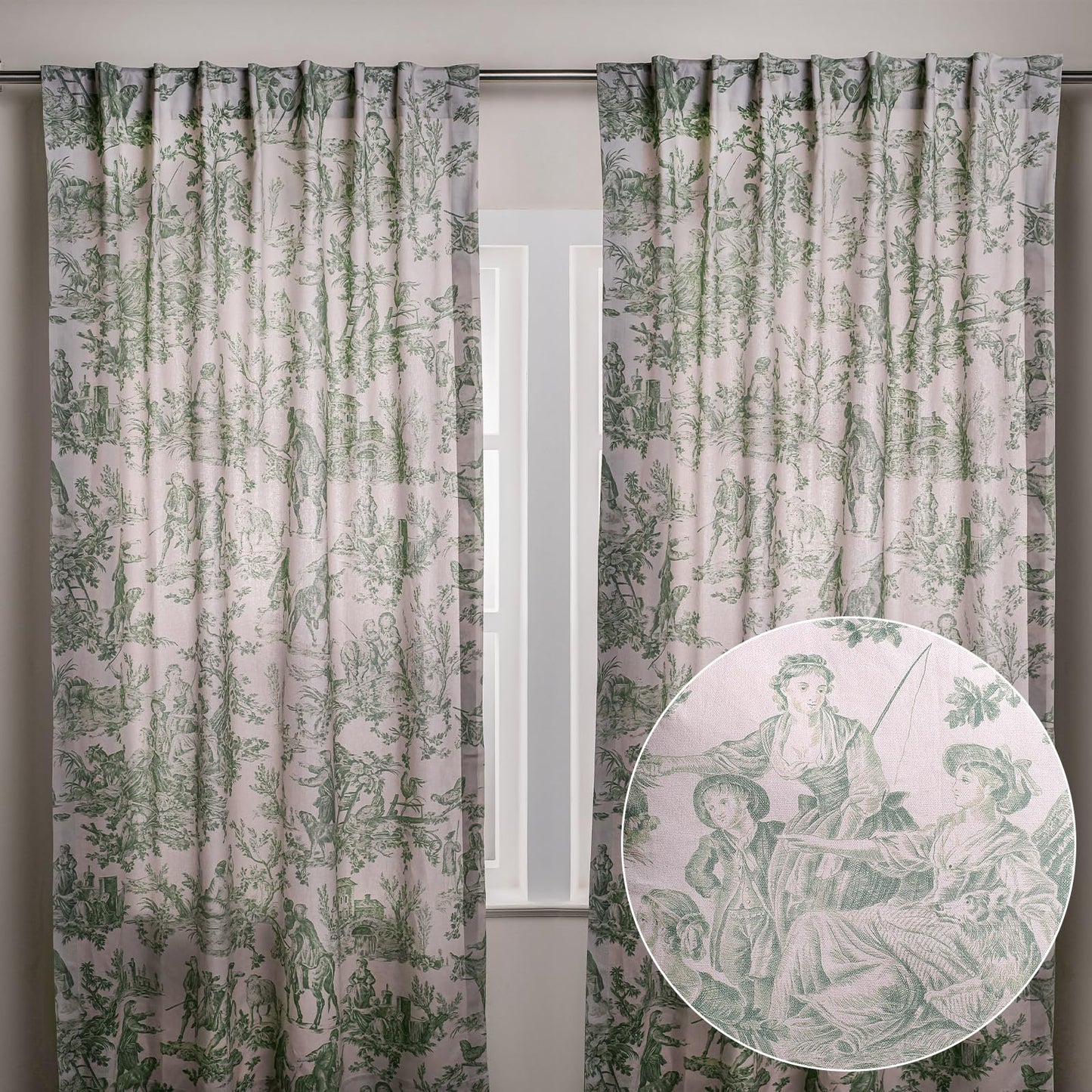 Maison d' Hermine Curtains for living room 100% Cotton 124 inch length Two Panels Light Filtering Toile Curtains for Bedroom Windows with rod and loop Pockets (The Miller Antique Green, 50"W x 124"L)