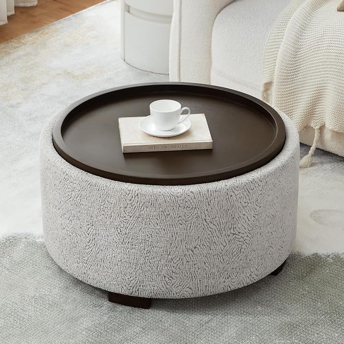 Zihanhome 30 Inch Round Storage Ottoman, Ottoman Coffee Table with Lift Off Lid, Boucle Modern Ottomans with Storage for Living Room, Bedroom, Apartments (White and Gray Striped)