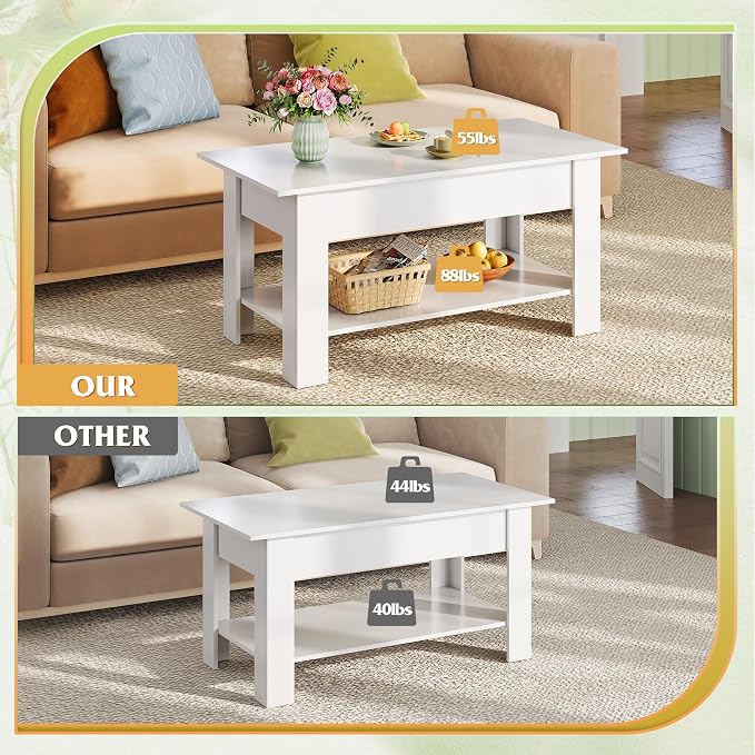WLIVE Coffee Table, 39" Lift Top Coffee Table with Hidden Compartment, Storage Shelf and Lifting Top for Home Living Room, Office and Reception Room, White