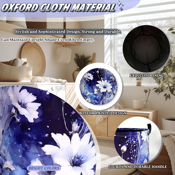 Blue Daisy Flower Laundry Basket Foldable Oxford Cloth Watercolor Floral Laundry Hamper With Handle Portable Clothes Storage Organizer Basket 18.9"x16.5" Storage Bag For Laundry Room/Bathroom/Bedroom