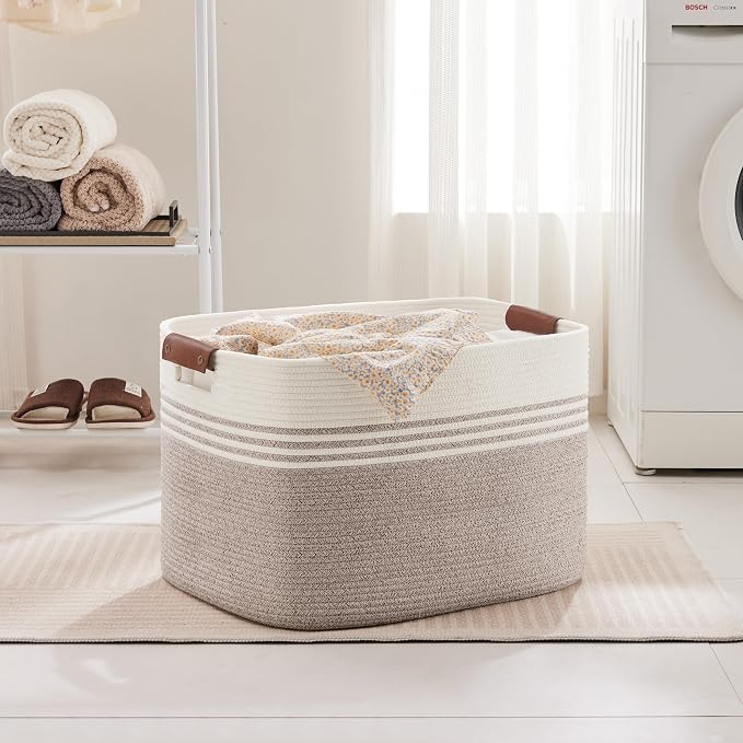 100L Extra Large Laundry Basket with Leather Handles for Living Room Storage, Woven Rope Baskets for Blanket, Kids Toy, Gifts, Wicker Hamper for Bedroom Dirty Clothes, 24"x16"x16" White Brown