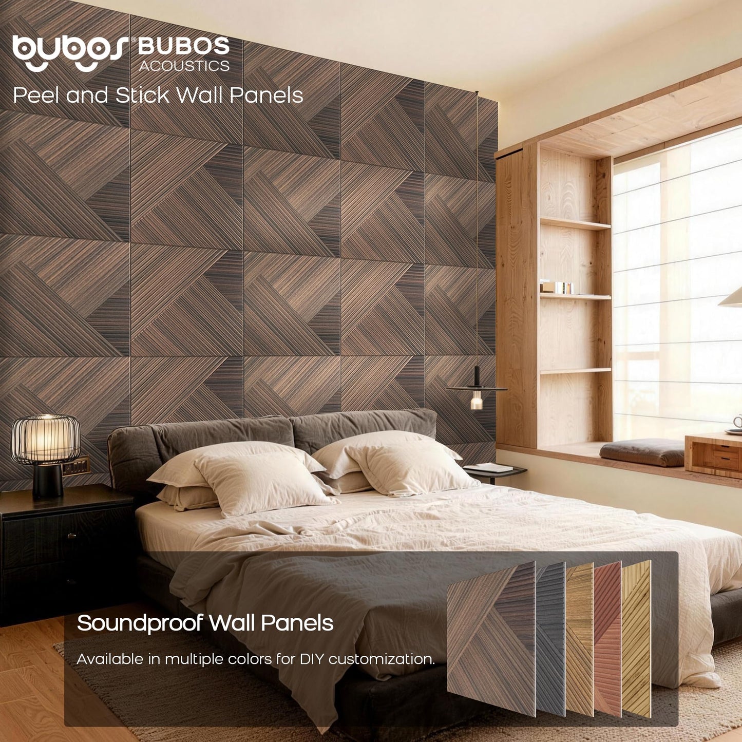 BUBOS 6 Pack Acoustic Wood Wall Panels, 23.6x23.6 Inch Sound Absorbing Tiles with Full Adhesive Backing, Decorative Peel and Stick Panels for Home Office, Living Room and Studio(Red Brown Walnut)
