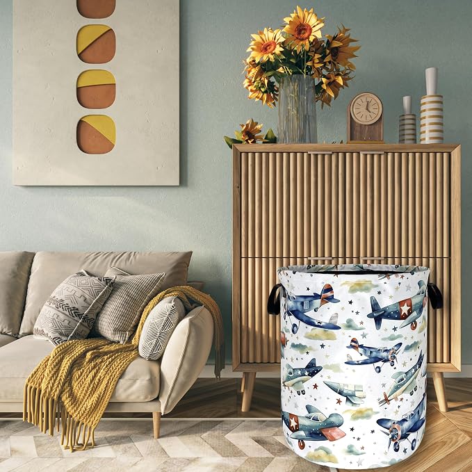 Watercolor Plane Laundry Basket Foldable Cartoon Laundry Hamper Oxford Cloth Plane Printed Colorful Tote Bag Clothes Toy Storage Bucket For Bathroom/Laundry Storage/Bedroom 18.9x16.5 Inch
