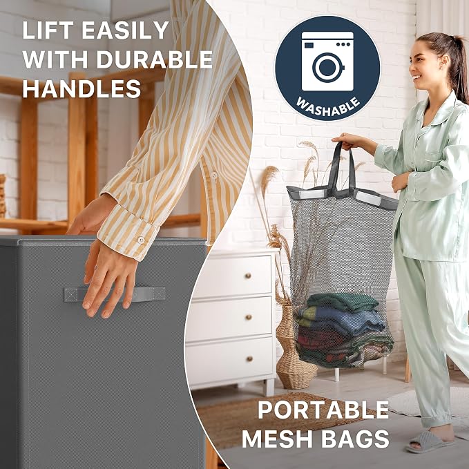 Simple Houseware Double Laundry Hamper with Lid and Removable Laundry Bags, Dark Grey