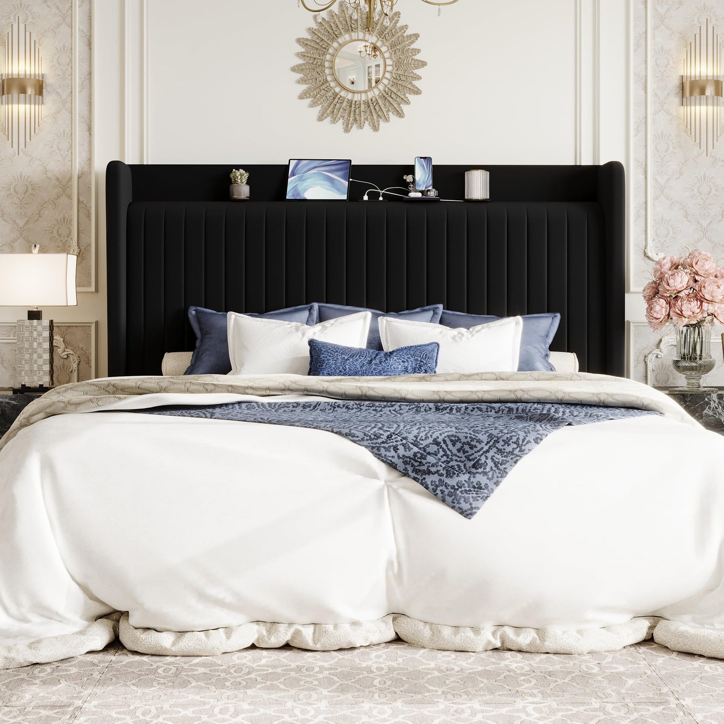 SHA CERLIN King Size Velvet Bed Frame with USB Charging Station, Wingback Storage Headboard, Upholstered Platform Bed with Wooden Slats Support, No Box Spring Needed, Easy Assembly, Black