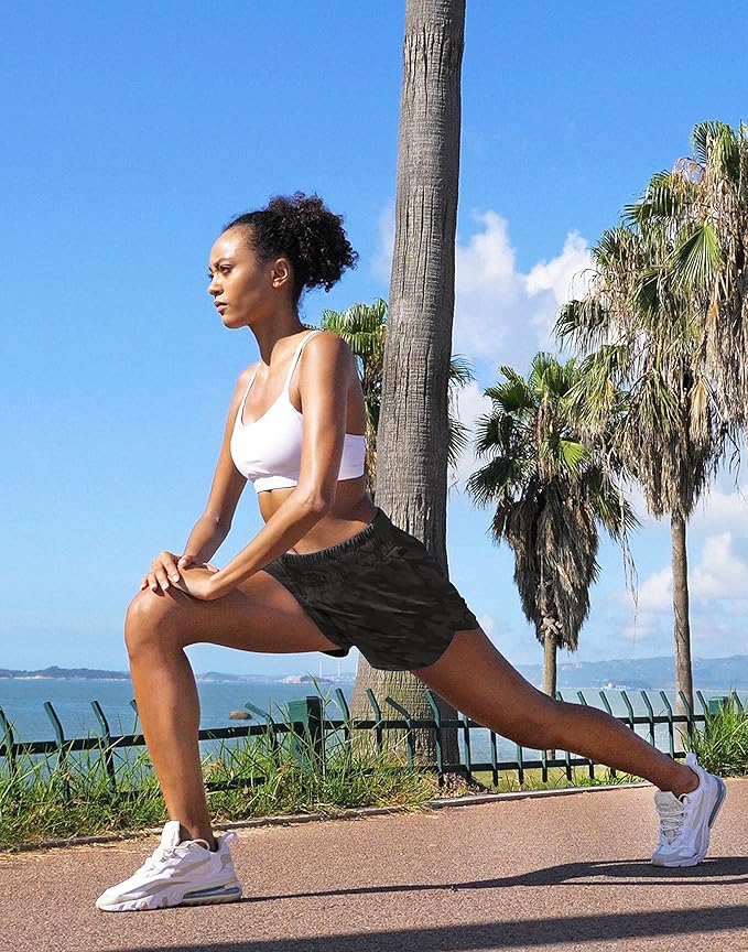 SANTINY Women's Running Shorts with Zip Pockets High Waisted Athletic Workout Gym Shorts for Women with Liner