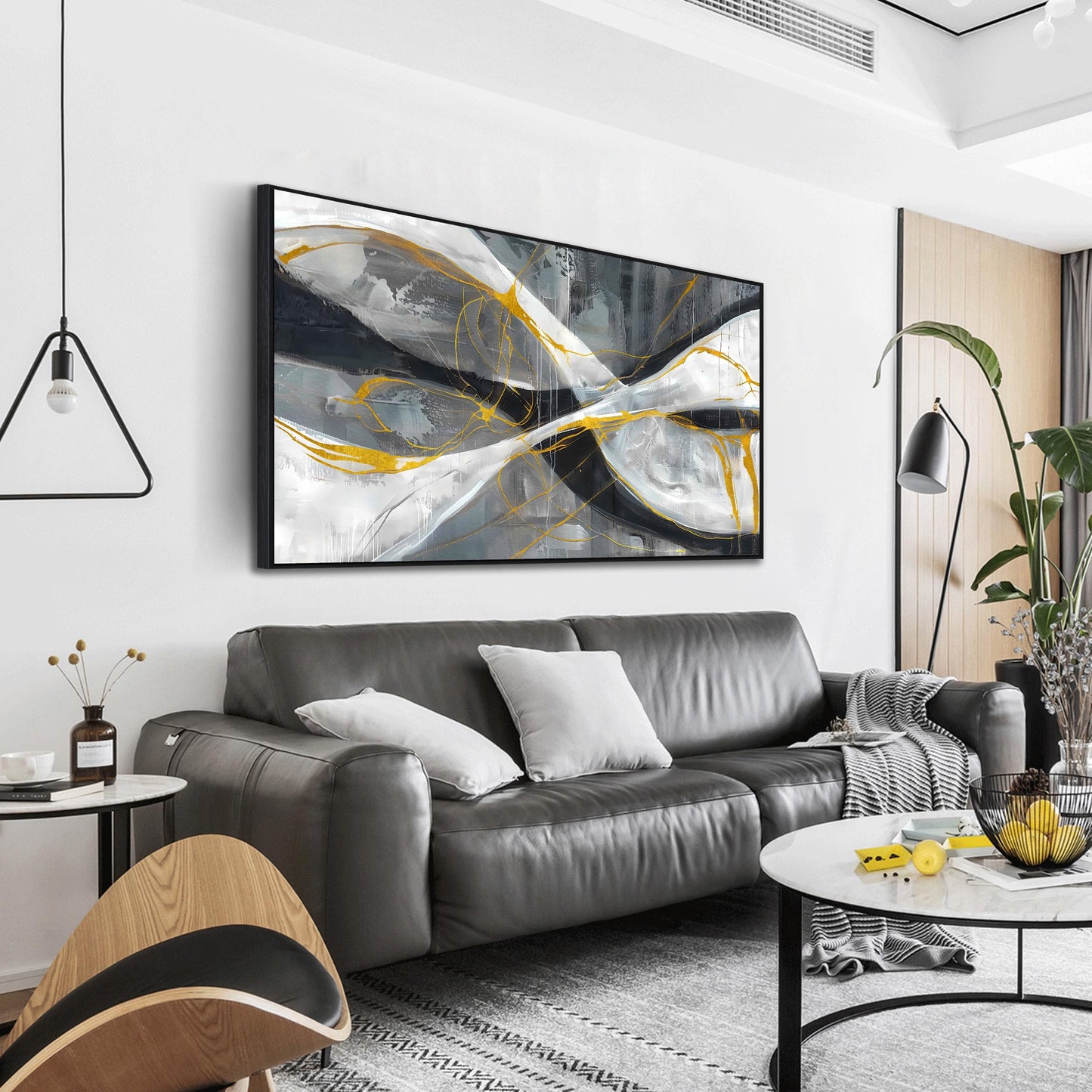Ouzzlie Abstract Wall Decor Art Modern Canvas Picture Black White and Gold Wall Art for Bedroom Office Decoration 24" x 48"