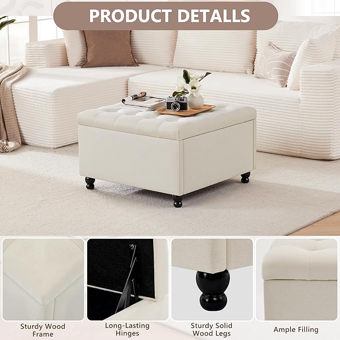 Weture 30 Inch Large Square Storage Ottoman Coffee Table, Oversized Square Ottoman with Storage, Tufted Upholstered Coffee Tables for Living Room (Fabric, Beige)