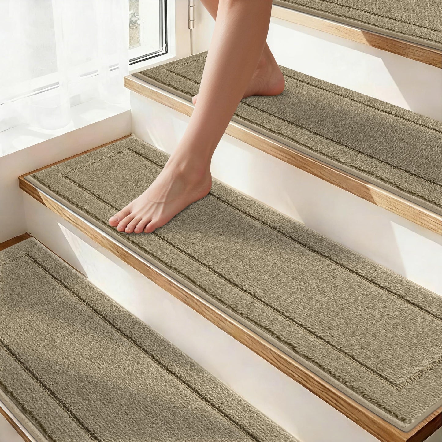 Non-Slip Stair Treads for Wooden Steps Indoor, 15 Pack 8" X 30" Edging Stair Rugs with TPE Backing, Carpet Stair Treads for Kids Elders & Pets, 100% Polyester Soft Stair Runners, Beige