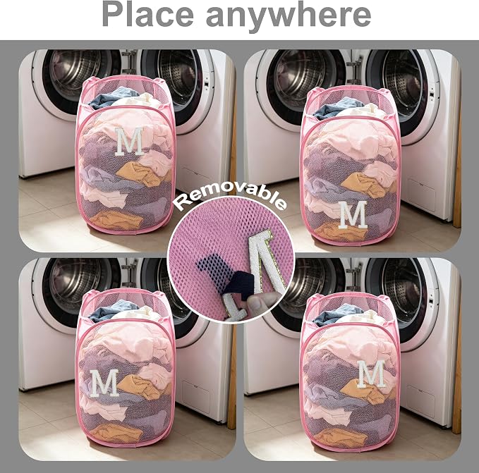 Collapsible Pop Up Laundry Hamper, Extra Large with Removable Initial Letter M, Mesh Foldable Laundry Basket, 28" x 16" x 16" (Pink)