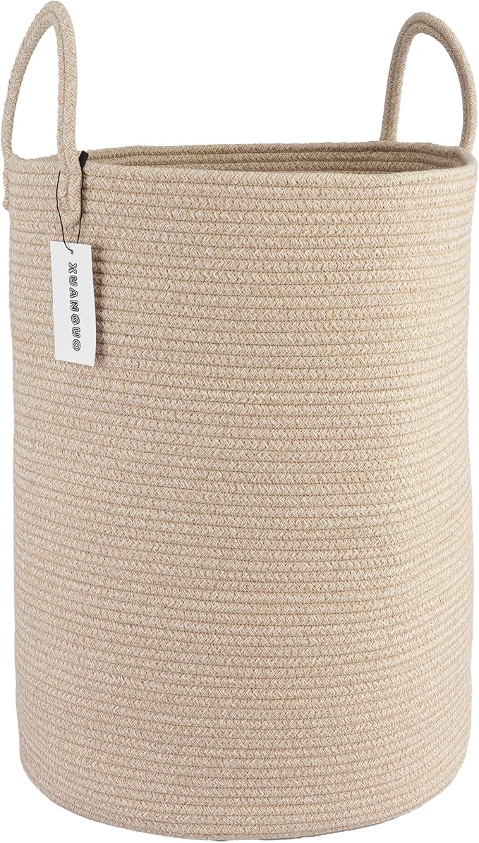 XUANGUO Cotton Rope Laundry Basket Hamper for Clothes Woven Storage Basket for Living Room Bedroom Boho Tall Rope Baskets for Blanket Toys Pillow Towels Baby Nursery Hamper Bin Large oatmeal