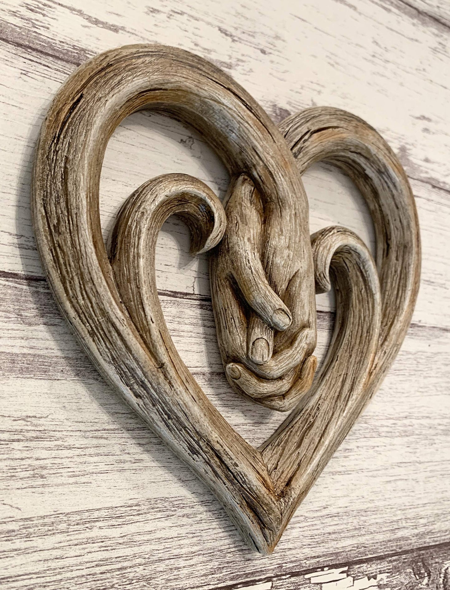 Top Brass Heart Holding Hands Wall Decor Decorative Art Sculpture - Faux Wood Finish - Forever Love