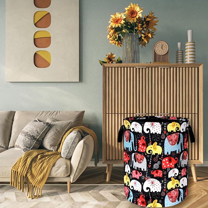 Colorful Elephant Laundry Basket Foldable With Handles Boho Animal Tote Bag Oxford Cloth Funny Laundry Hamper Clothes Storage Bucket Toy Organizer 18.9"x16.5" For Bathroom/Laundry/Bedroom