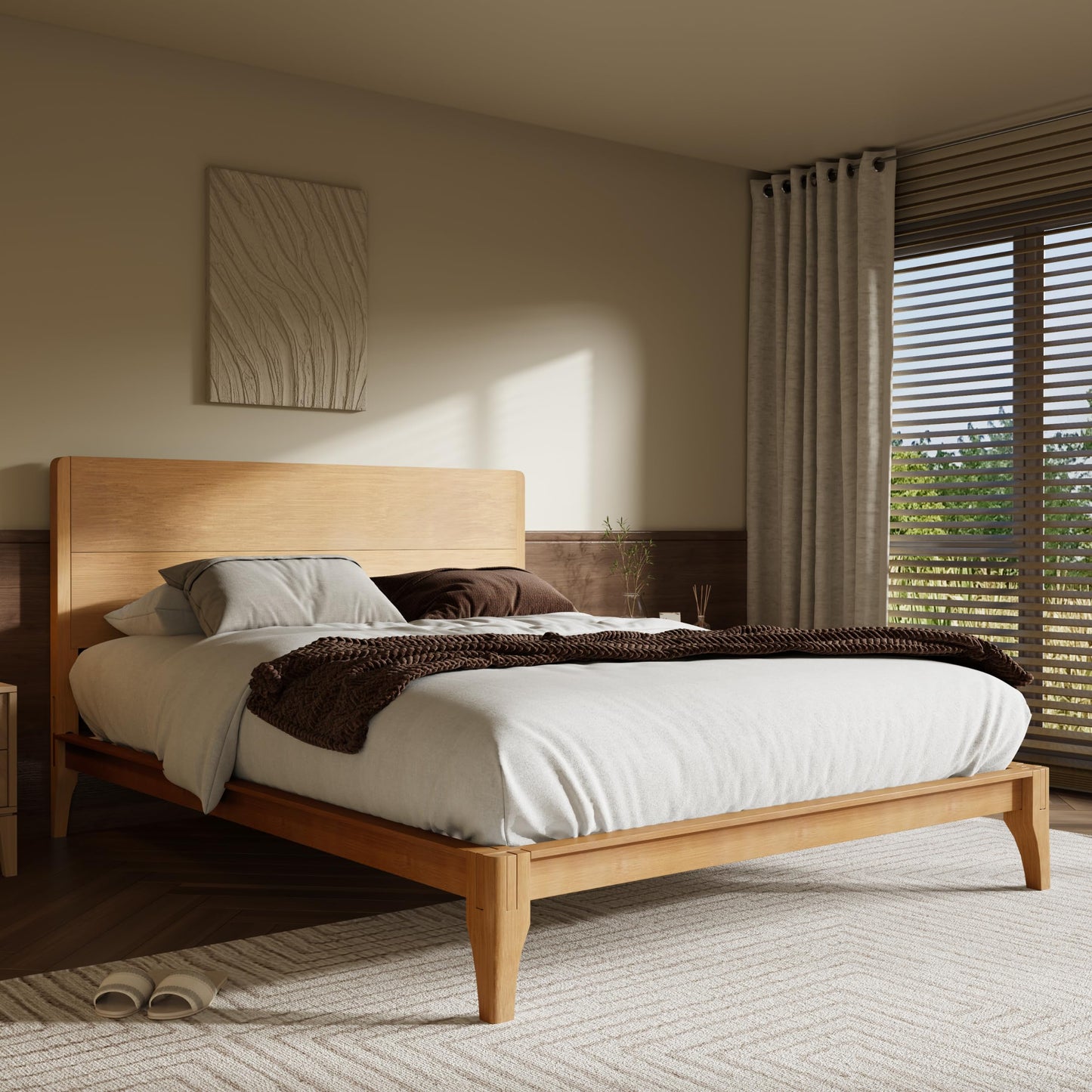 Merax Full Size Bamboo Platform Bed, Mid-Century Modern Bed Frame with Tall Headboard, Solid Sustainable Bedframe Full-size, Wood Slat Support, No Box Spring Needed, Easy Assembly, Noise Free, Natural