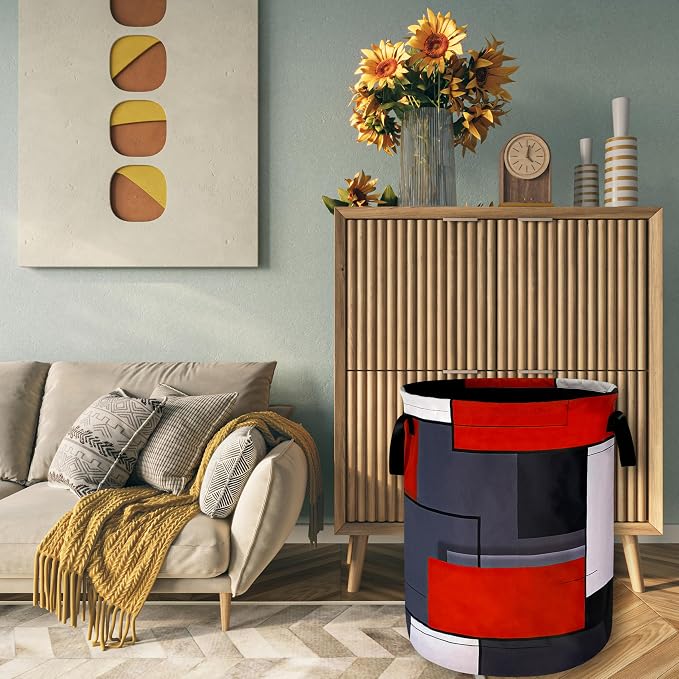 Red Grey Geometry Laundry Basket Foldable With Handles Universal Tote Bag Oxford Cloth Colorful Laundry Hamper Clothes Storage Bucket Toy Organizer 18.9"x16.5" For Bathroom/Laundry/Bedroom