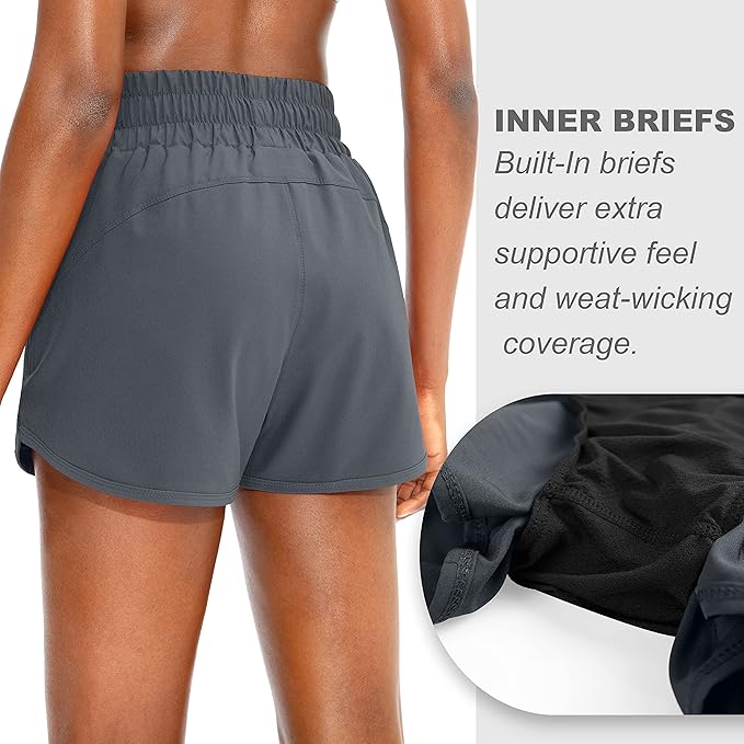 SANTINY Women's Running Shorts with Zip Pockets High Waisted Athletic Workout Gym Shorts for Women with Liner