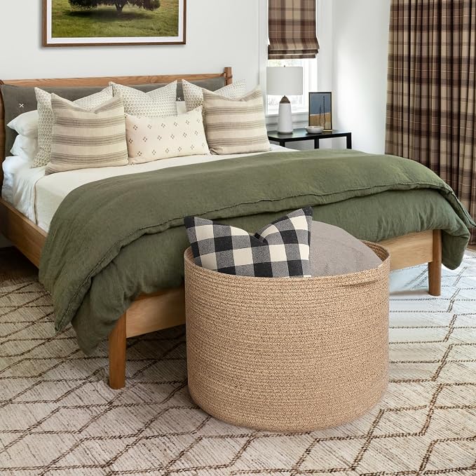 MEGASKET 115L Wicker Storage Basket, 23.6"x15.7" Woven Cotton Rope Basket, Giant Kids Dog Toy Bin Organizer, XXXL Blanket Pillow Holder for Living Room, Brown Variegated Wicker Baskets for Organizing
