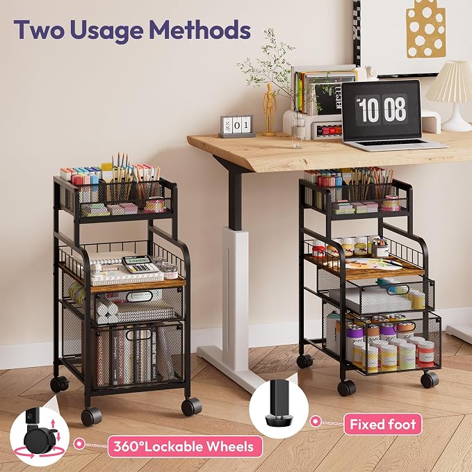 SWTYMIKI Rolling Cart with Drawers - Metal Craft Cart with Wheels, DIY Divider and Wood Shelf, Art Supply Organizer for Under Desk Storage, Utility Storage Cart for Home Office Studio, Espresso
