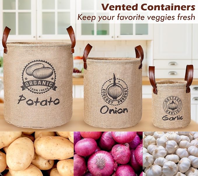 Kamehame Potato and Onion Storage Baskets Pack of 3, Lined Burlap Pantry Storage Bins for Potato Onion Garlic with Handles
