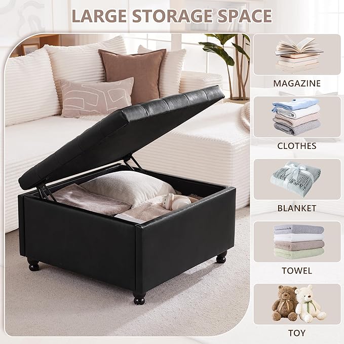 Weture Large Square Storage Ottoman Coffee Table, Oversized Square Ottoman with Storage, Tufted Upholstered Coffee Tables for Living Room (30 Inch,Leather, Black)