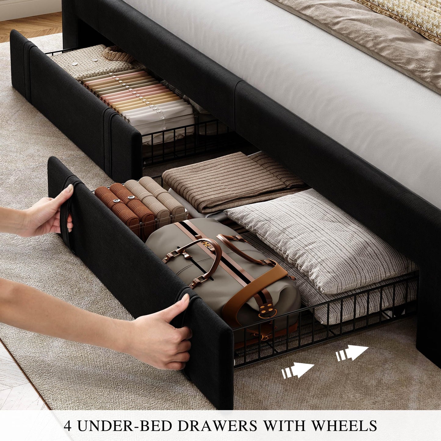 YITAHOME King Size Bed Frame with Velvet Vertical Tufted Upholstered Adjustable Headboard, 4 Storage Drawers, RGB LED Lights and USB Ports, No Box Spring Needed, Fast Assembly, Noise-Free, Black
