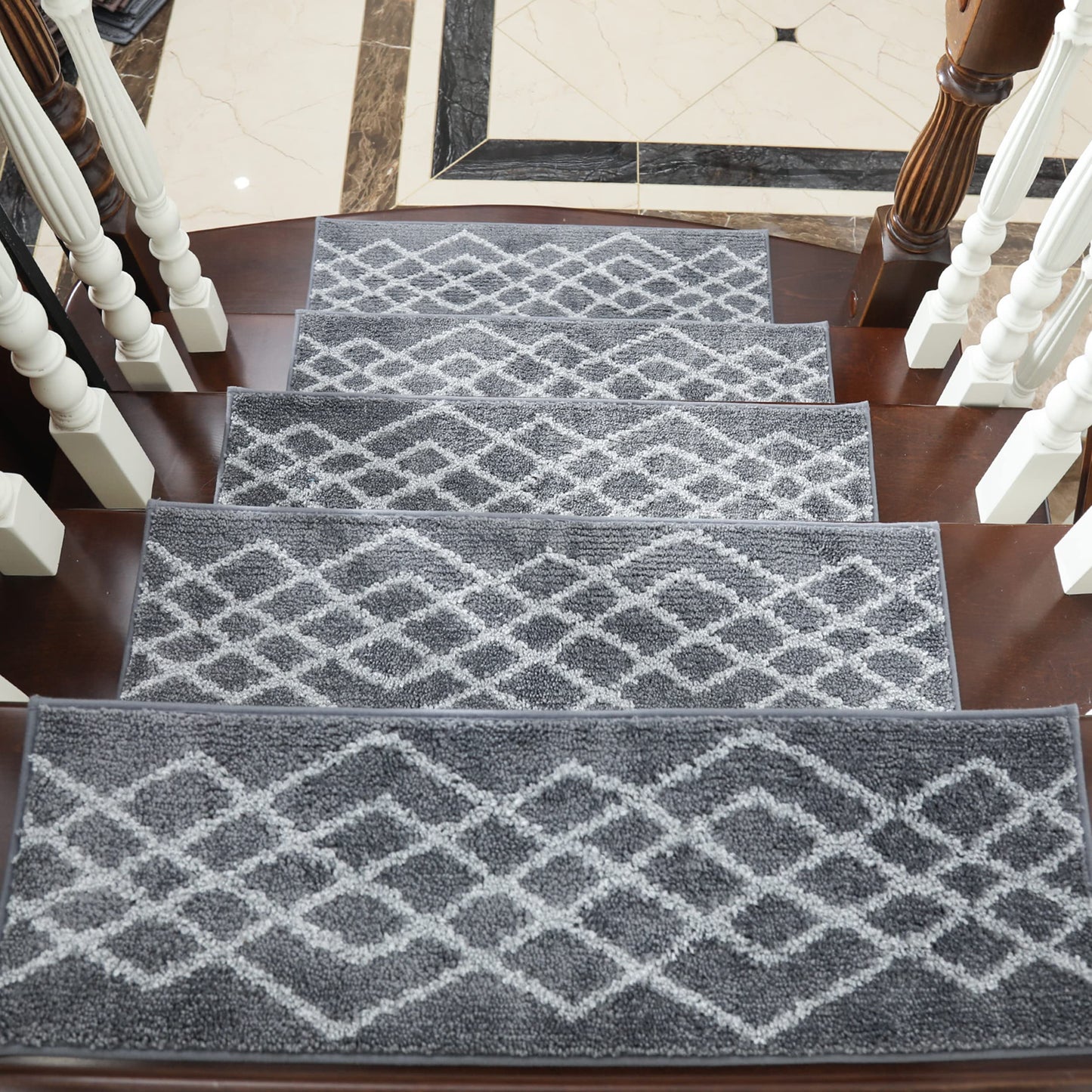 COSY HOMEER Soft Stair Treads 15pcs Non-Slip Carpet Mat 28inX9in Indoor Stair Runners for Wooden Steps,Stair Rugs for Kids and Dogs, 100% Polyester TPE Backing Grey,Rhombus