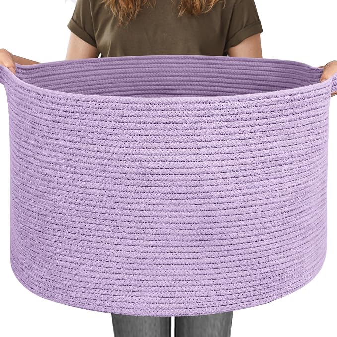 MEGASKET 115L Extra Large Purple Storage Basket, 23.6" X 15.7" Jumbo Woven Cotton Rope Bin for Throw Blankets Pillows, Baby Laundry Basket, Dirty Clothes Organizer, Big Storage Box for Toys, Towels