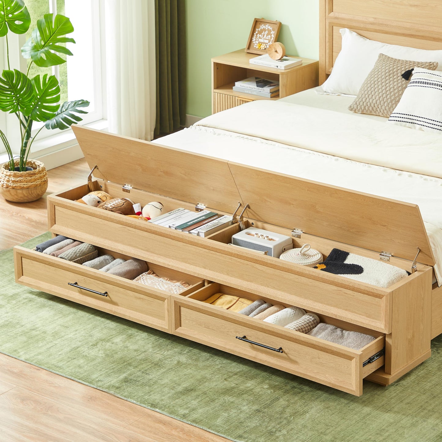 KEIKI King Bed Frame with Headboard & Storage Bench, Boho Solid Wood Platform Panel Bed with 4 Drawers, Natural Oak Bedroom Furniture Bed, Noise Free