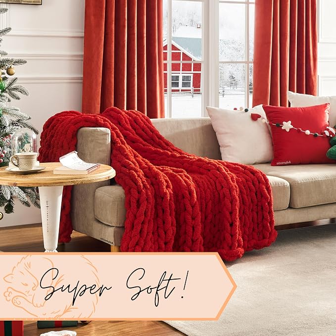 Adyrescia Chunky Knit Blanket Throw | 100% Hand Knit with Jumbo Chenille Yarn (50"x60", Ruby Red)