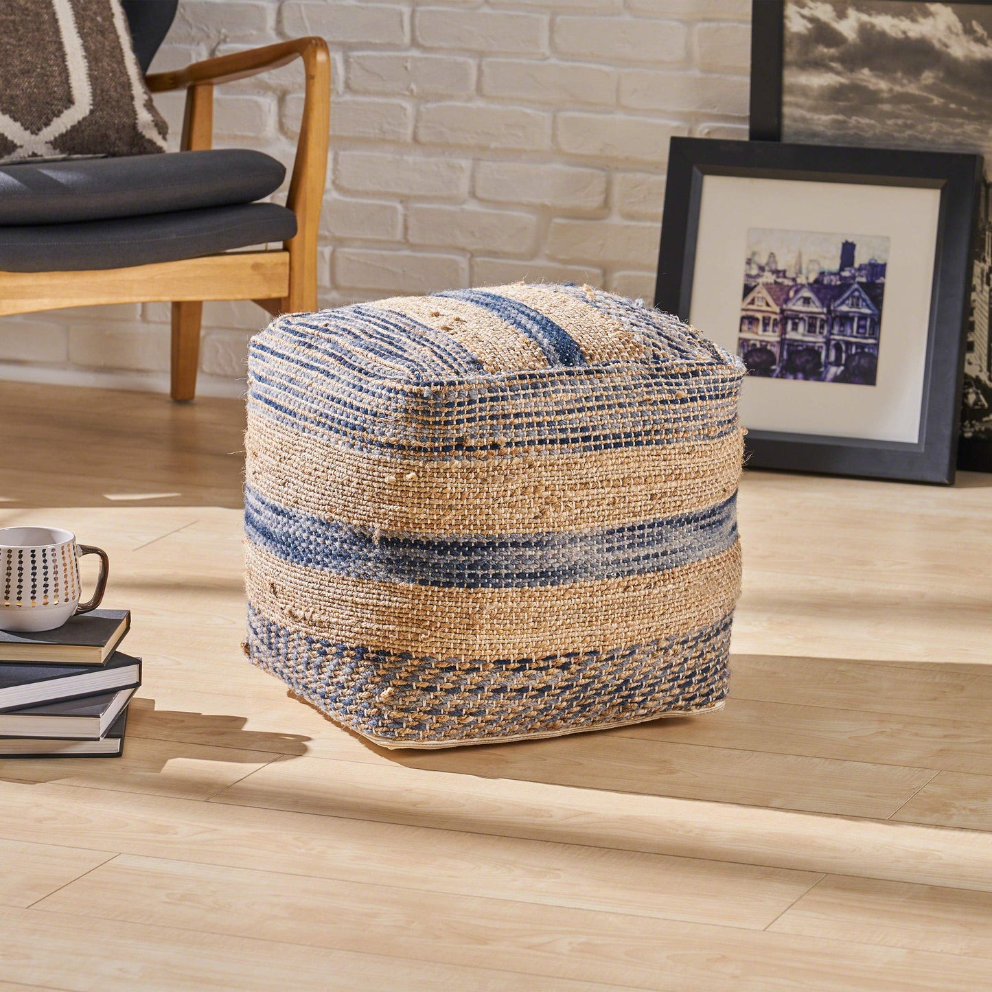 Christopher Knight Home Lola Boho Hemp and Wool Pouf, Natural and Blue