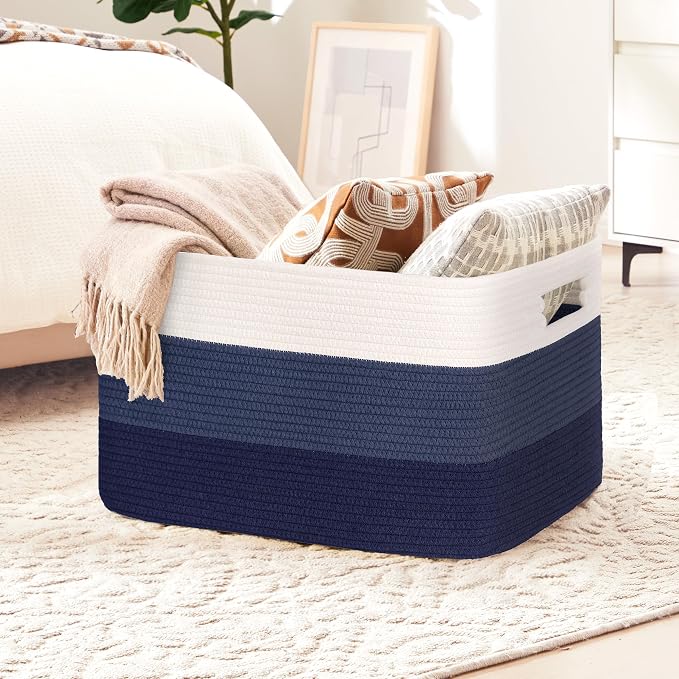 45L Small Laundry Basket with Leather Handles for Living Room Storage, Woven Rope Baskets Bin for Blanket, Kids Toy, Gifts, Wicker Hamper for Bedroom Dirty Clothes, 18"x14"x11" Gradient Blue