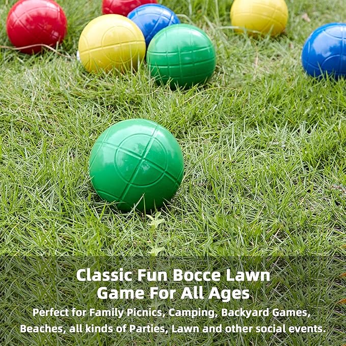 Pointyard 100mm Bocce Ball Set, Regulation Bocci Ball Set with 8 PE Bocce Balls/1 Pallino/Carrying Bag/Measuring Tape - Outdoor Family Bocce Game for Backyard/Lawn/Beach (Red,Blue,Green,Yellow)