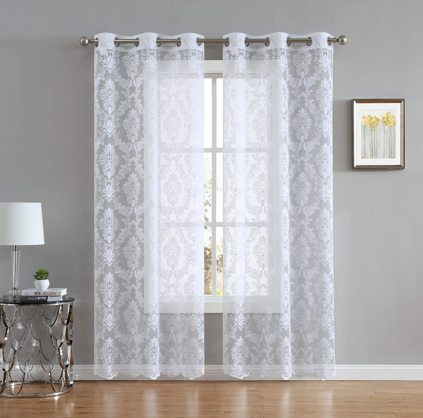 LinenZone Luxury White Knitted Lace Curtain Panels Pair of 2 with Beautiful Scalloped Bottom. Premium Farmhouse Curtains for Living Room, Bedroom and Dining Room Décor. (Lisa 38 x 63, White)