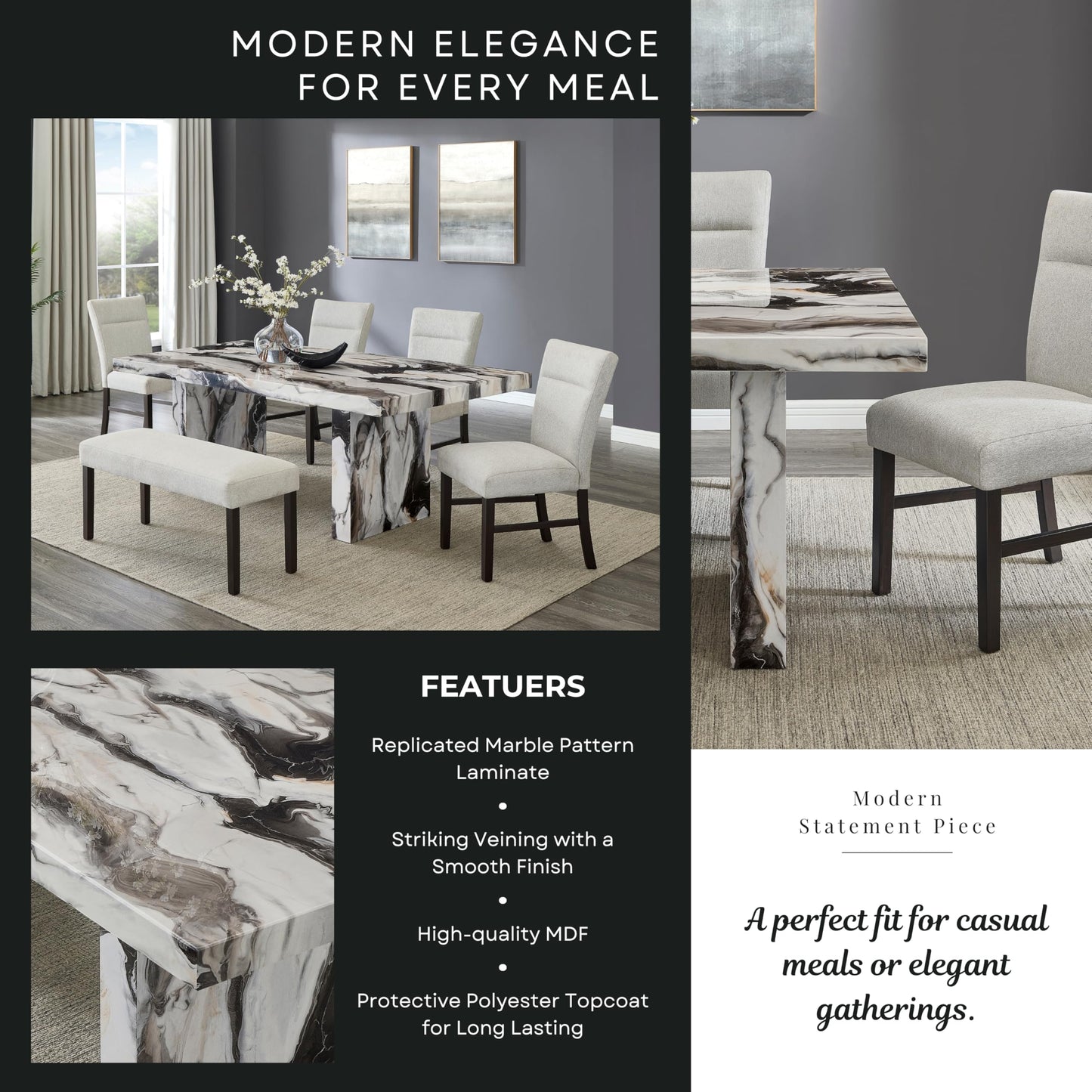 Roundhill Furniture Cavira Modern Faux Marble Dining Table with 4 Chairs and Bench