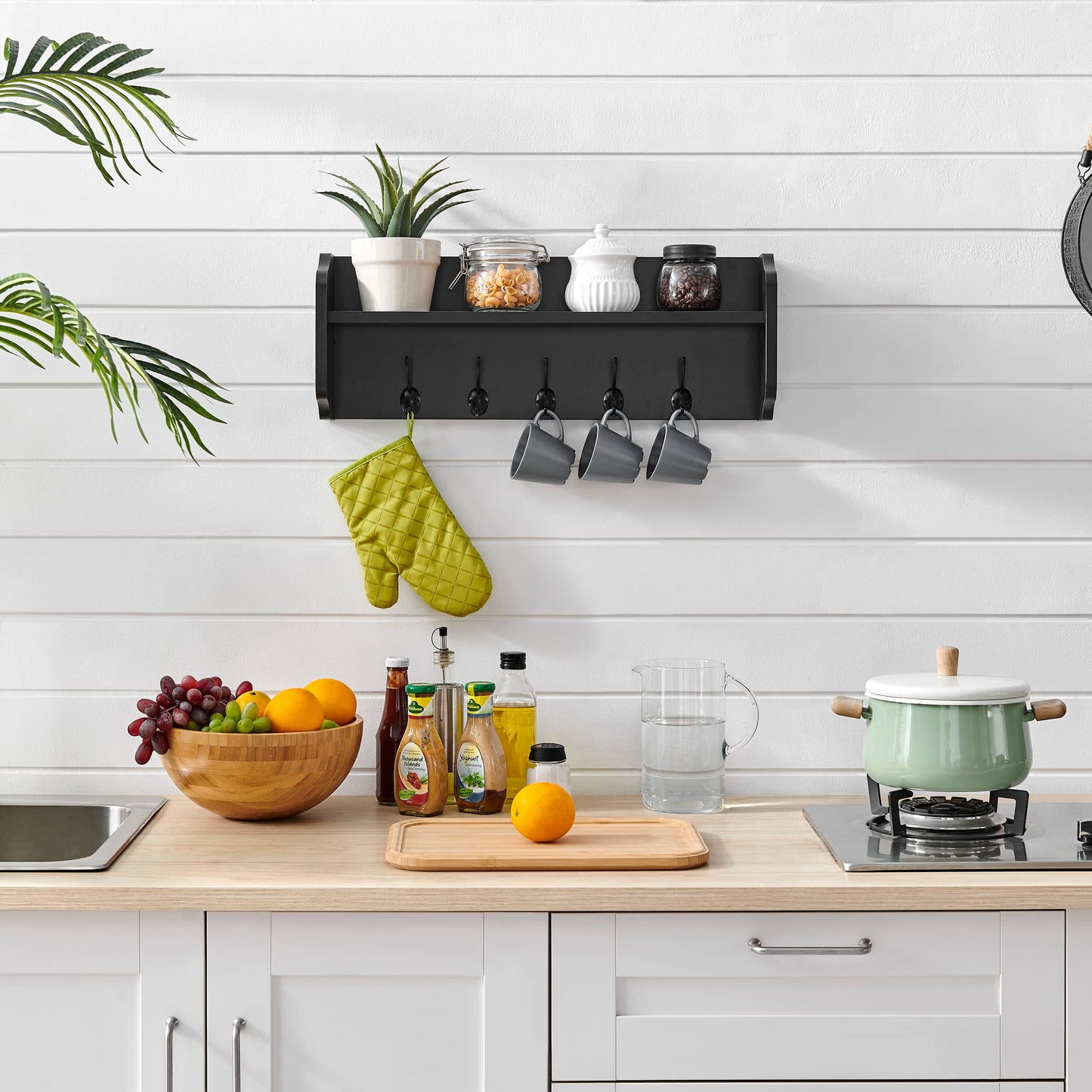 Danya B. Entryway Floating Utility Wall Shelf with Hooks – Wall Mounted (Black)