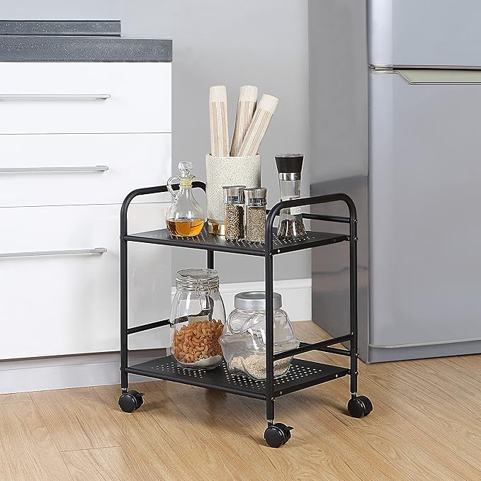 SunnyPoint 2-Tier Metal Rolling Utility Cart – Mobile Storage Shelf with Caster Wheels – Small Space Organizer for Home, Office, Bedroom, Kitchen (BLK) (Pack of 2)