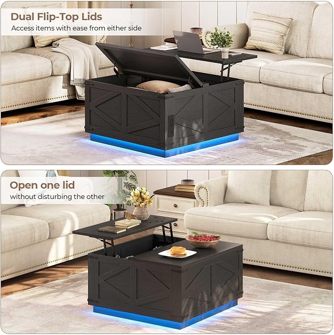 Jocoevol Farmhouse Lift Top Coffee Table, Square Wood Center Table with LED Lighting, USB-C Charging Station, and Hidden Storage Compartment - Rustic Black Living Room Furniture