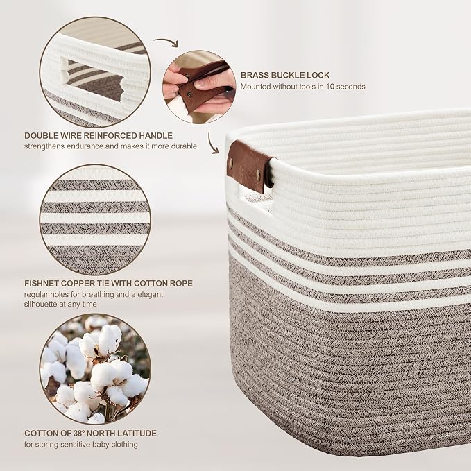 72L Large Laundry Basket with Leather Handles for Living Room Storage, Woven Rope Baskets Bin for Blanket, Kids Toy, Gifts, Wicker Hamper for Bedroom Dirty Clothes, 22"x17"x12" Dark Brown