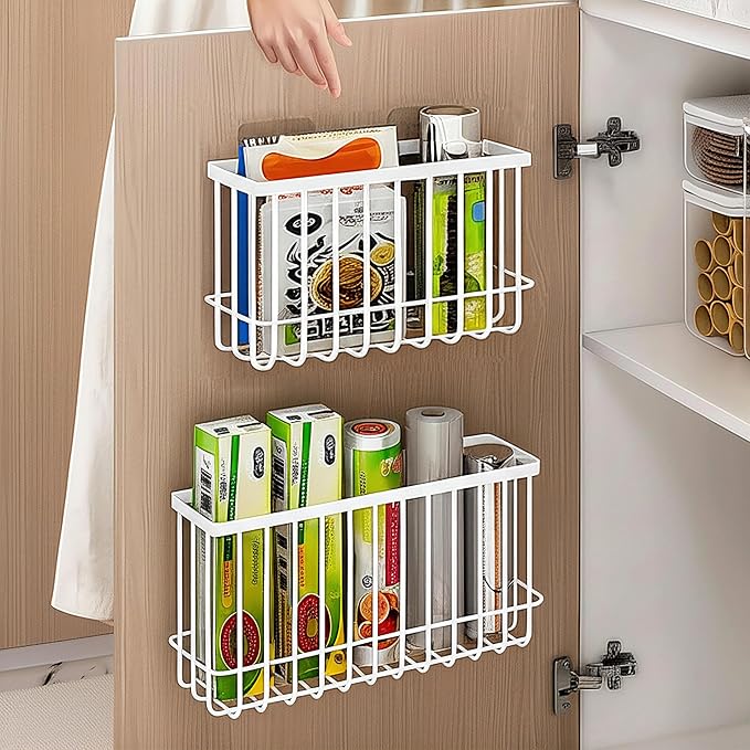 Cabinet Door Organizer 2Pcs, Foil and Plastic Wrap Organizer with 2 Sponges, Cabinet Door Storage with 2 Caddy Adhesive, for Aluminum Foil, Plastic Wrap, Wool Dryer Balls, White,(Medium, Large)