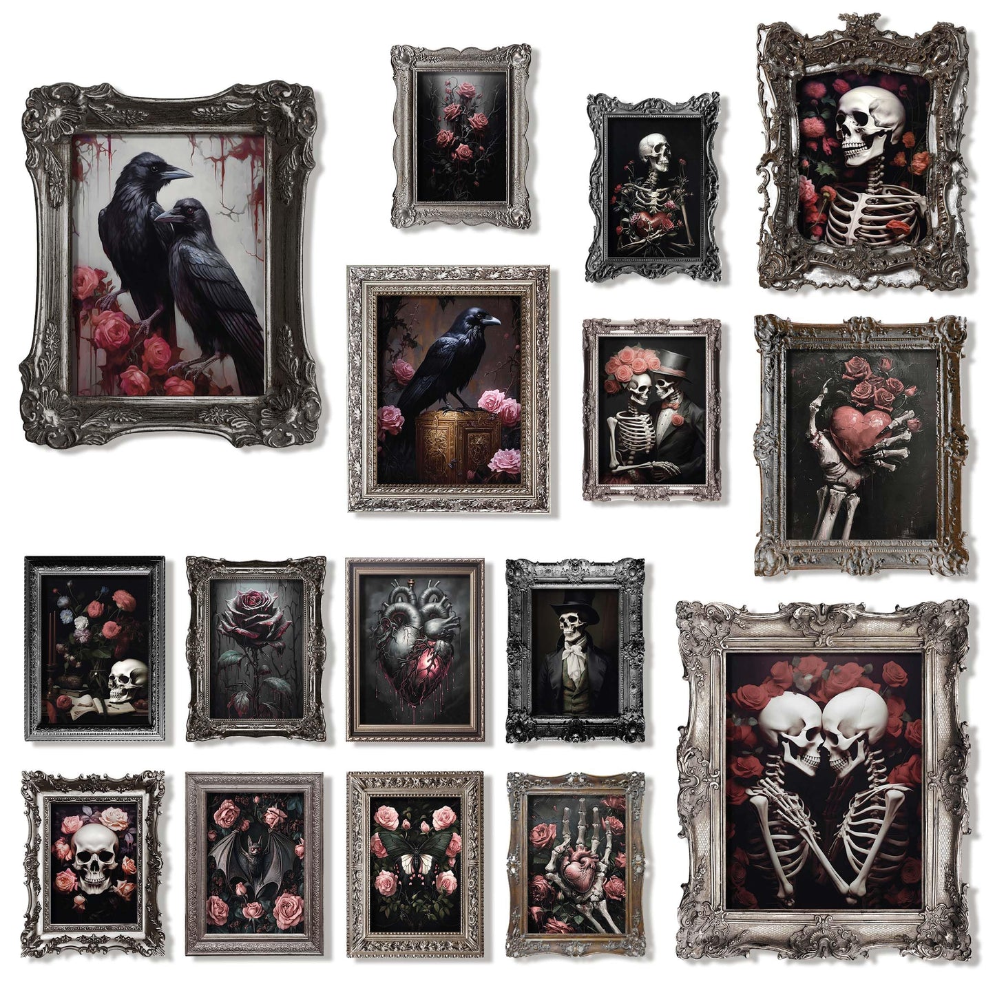 97 Decor LARGE 11x14 Gothic Wall Decor - Large Romantic Goth Decor, Skull Art Prints Spooky Home Decor, Creepy Skeleton Raven Paintings For Wall, Dark Halloween Gothic Posters For Bedroom (unframed)