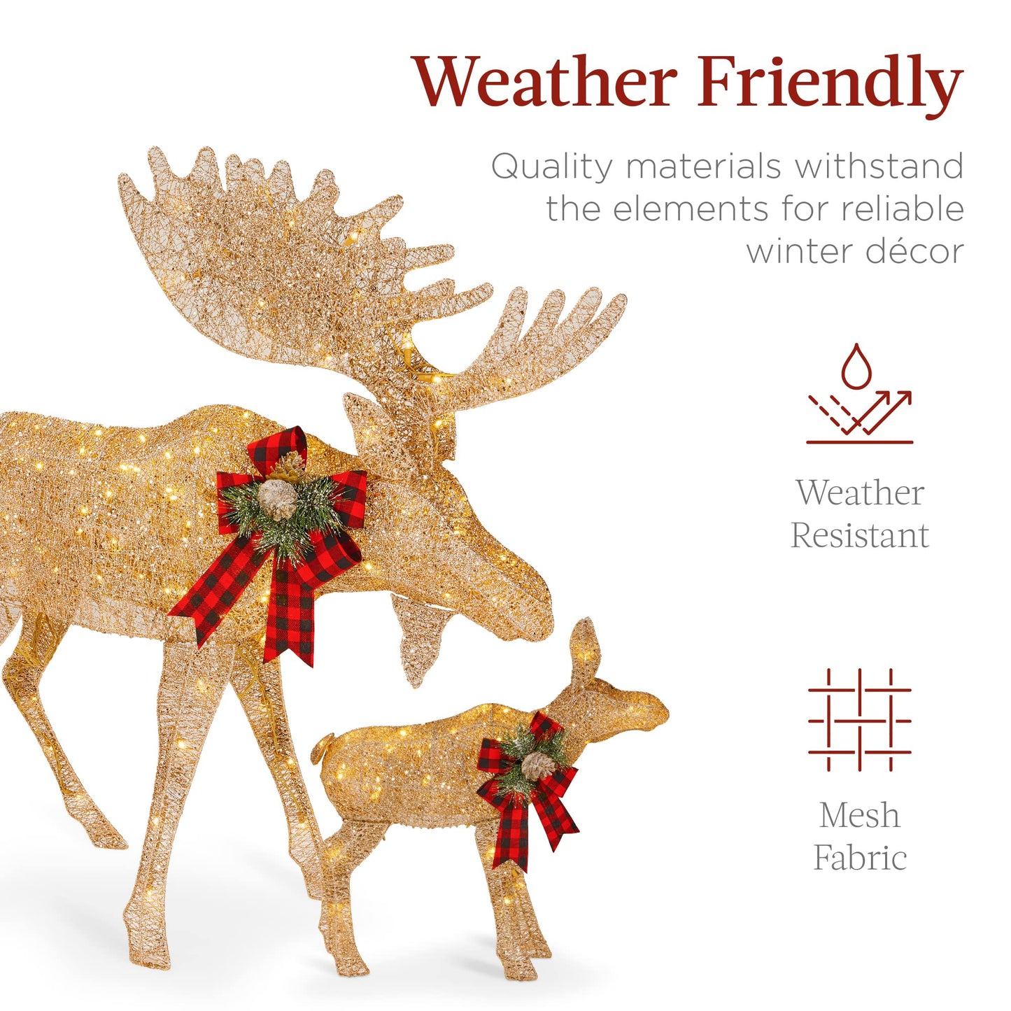 Best Choice Products 2-Piece Moose Family, Lighted Outdoor All-Weather Christmas Yard Decoration Light-Up Décor Set w/ 170 LED Lights, Ground Stakes, Zip Ties - Gold