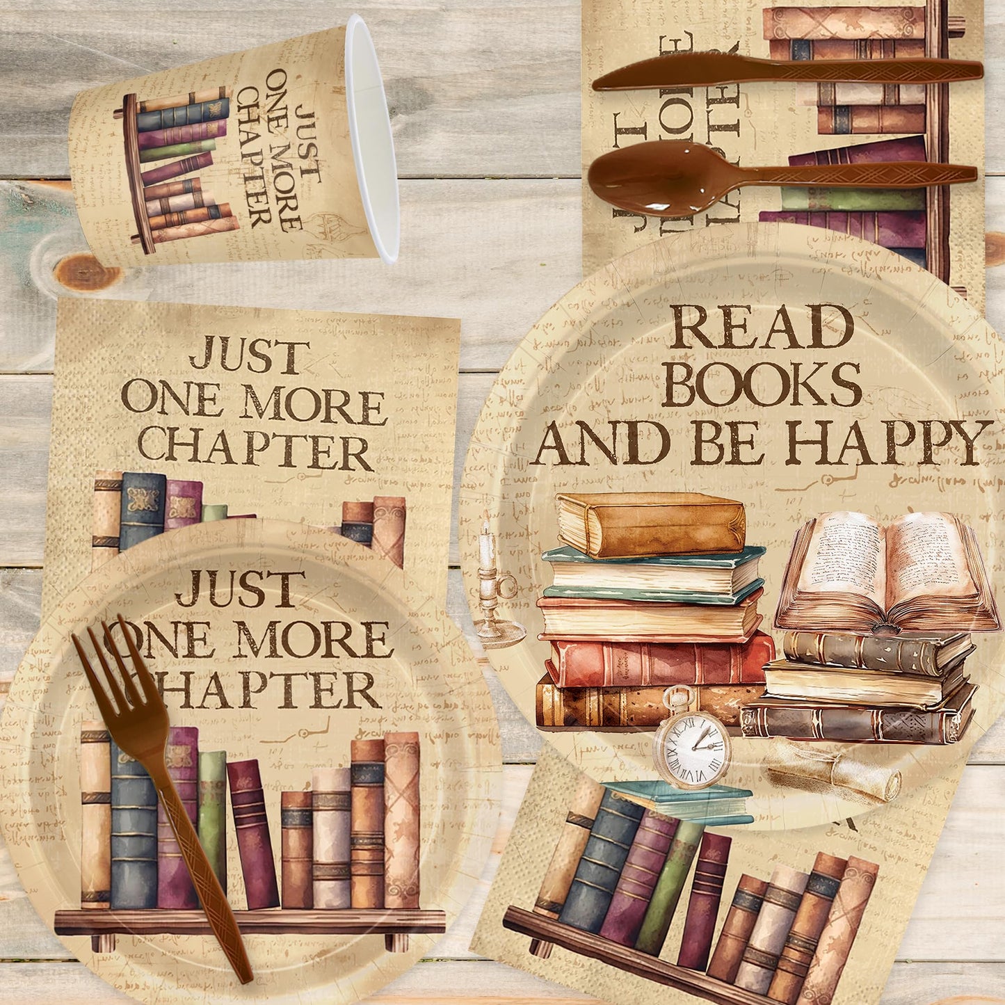 168pcs Vintage Book Party Plates Napkins Party Book Club Theme Birthday Supplies Library Reading Tableware Set Paper Cups Disposable Forks for Birthday Party Supplies Serve 24