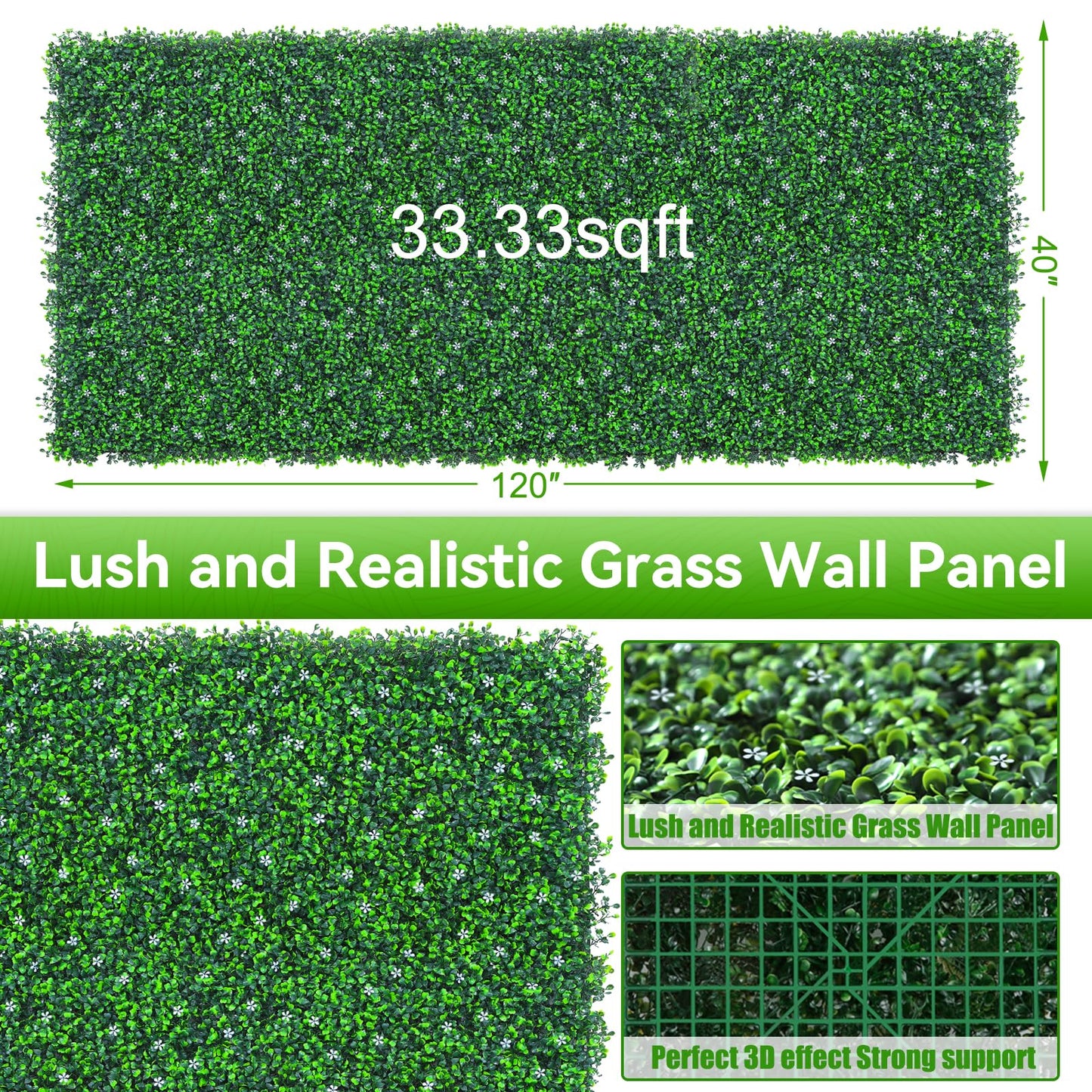 EverNture 40"x120"(33.3 SQFT) Grass Wall Panels, Artificial Grass Backdrop, Fake Greenery Plant Boxwood Roll with Flower, Green Wall Decor for Outdoor Indoor Patio Garden Backyard