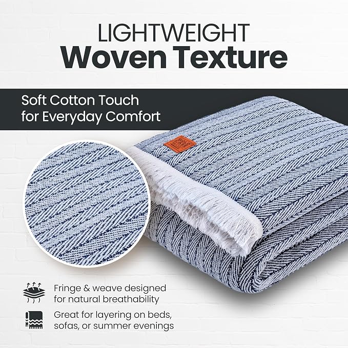 Gold Case Throw Blanket for Bed - 100% Recycled Turkish Cotton Blanket - Vintage Lightweight Soft Throw Blankets for Bed & Living Room - Queen Size Cozy Blankets - 90x90 - Navy Blue