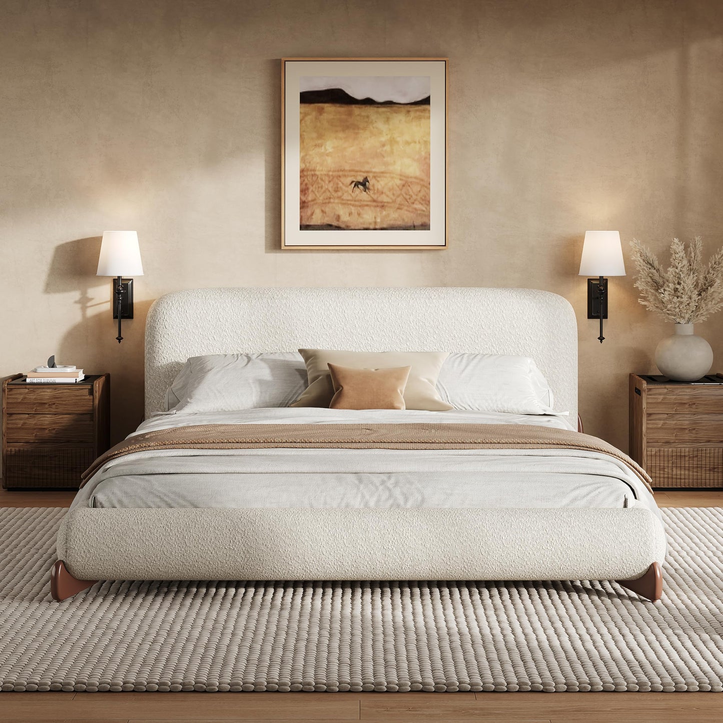 Merax Queen Size Upholstered Platform Bed with Boucle Thick Headboard, Solid Wood Anchor Legs, No Box Spring Needed, White
