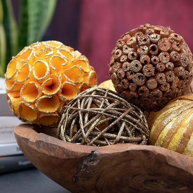 Natural Tones Vase & Bowl Fillers Glitter Gold Decorative Balls | Home Decor (Yellow Gold)