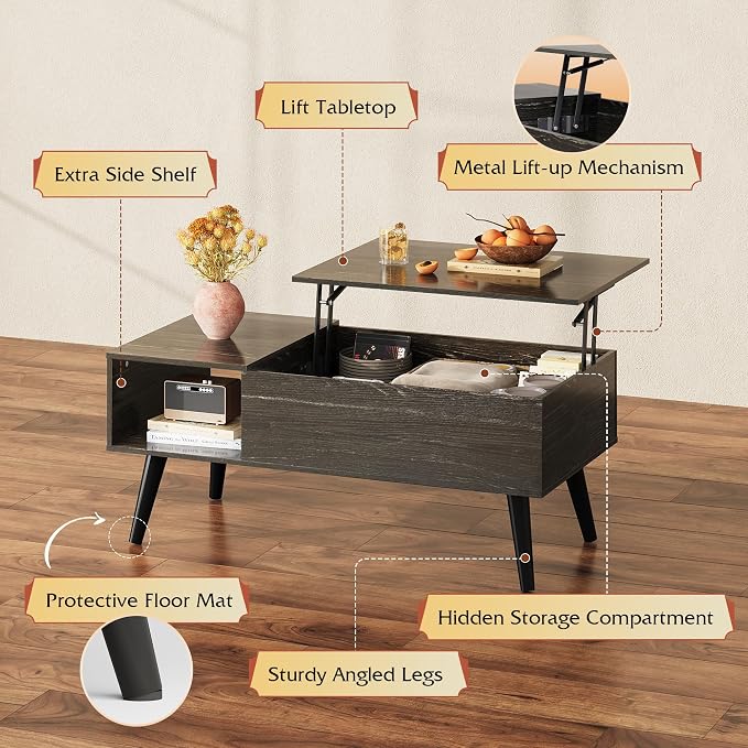 WLIVE Coffee Table for Living Room, Lift Top Coffee Table with Storage, Small Rising Wooden Dining Center Table with Storage Shelf & Hidden Compartment, 39" Black Oak