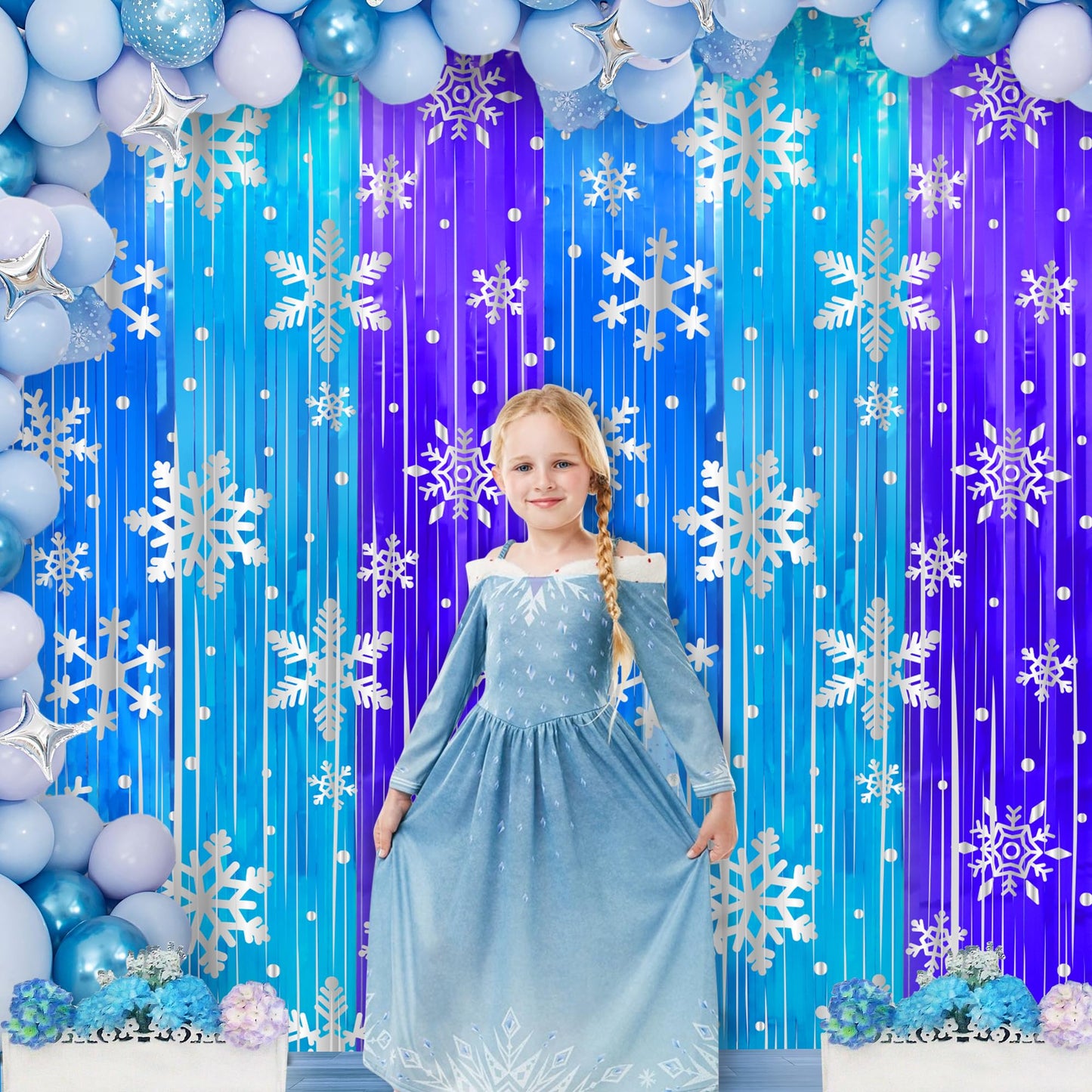3 Pack Birthday Party Decorations Snowflake Tinsel Foil Fringe Curtains for Kids Frozen Birthday Backdrop Winter Christmas Holidays Photo Booth Prop Backdrop Streamer 3.3x6.6ft