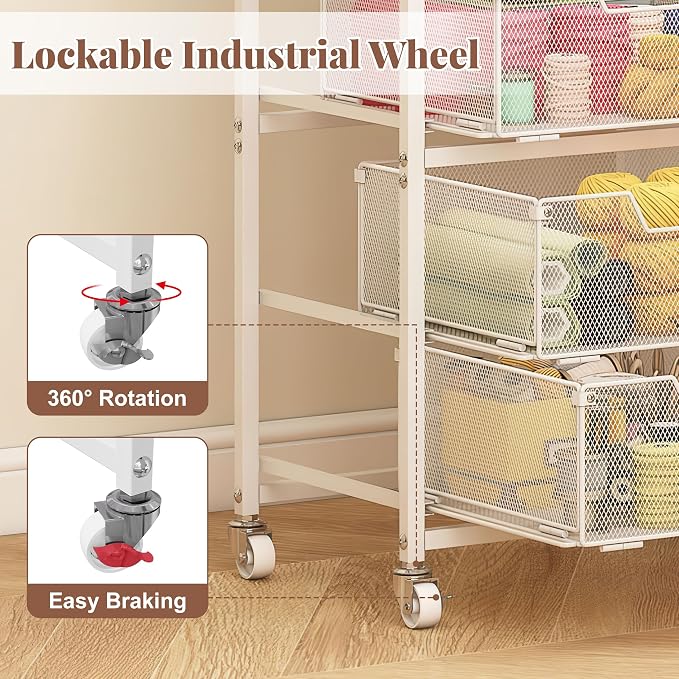 4-Drawer Rolling Storage Cart, Utility Cart with Drawers, White Metal Craft Cart Organizer with Wheels & Wooden Top, Art Supply Storage Organizer for Classroom, Office, Kitchen,Patent Pending