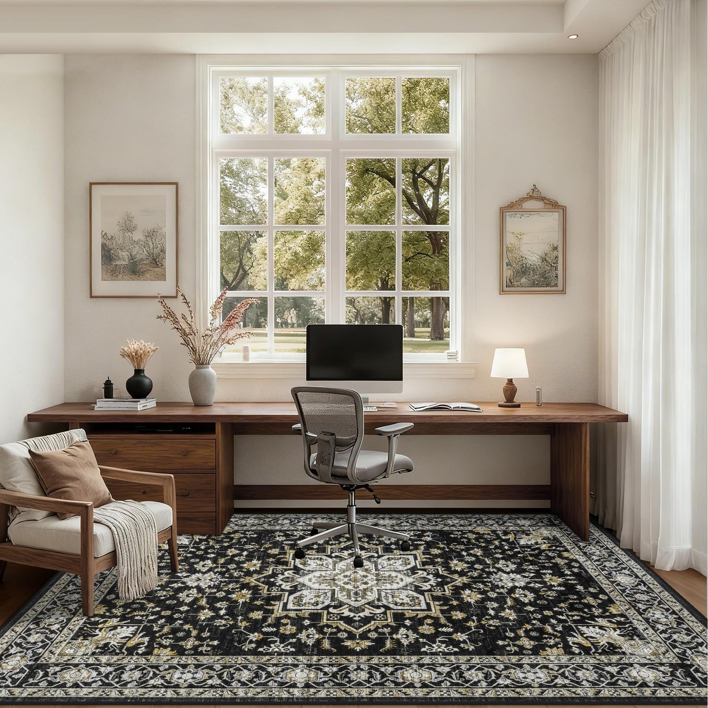 3x5 Area Rugs Living Room Rug: Washable Vintage Boho Medallion Rug No Slip Stain Resistant Soft Carpet Indoor Large Carpets for Bedroom Dining Room Farmhouse Nursery Hallway Home Office Black Gold